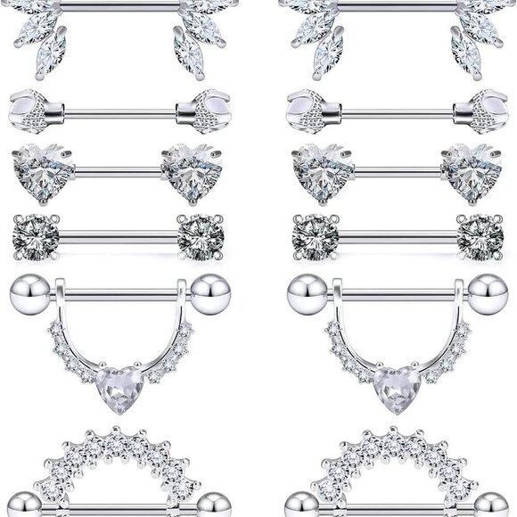 Jewelry - 14G Surgical Steel Nipple Rings Set Women Men CZ Crystal Pearl Jewelry